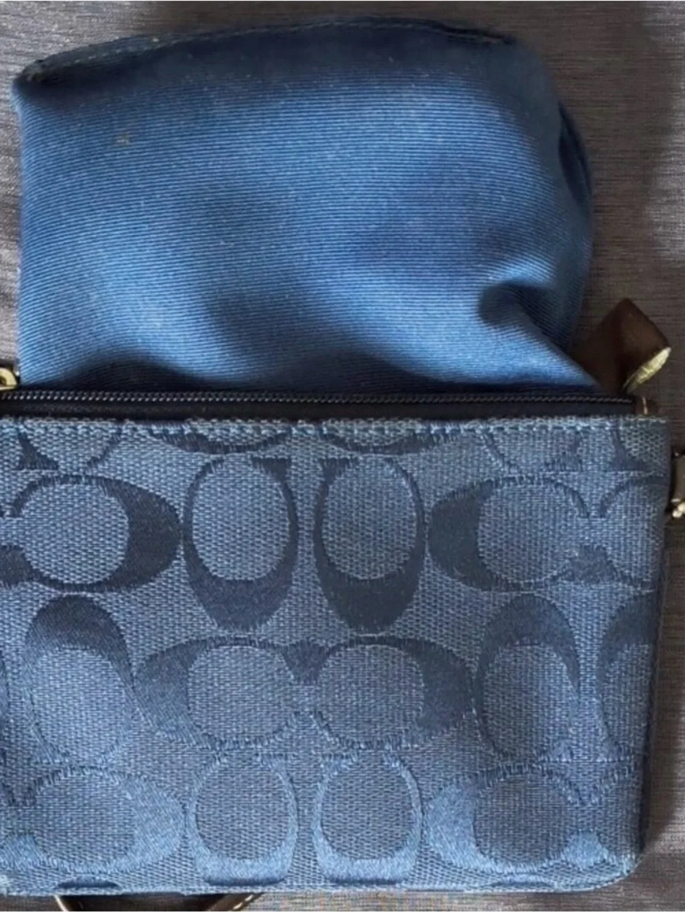 Coach Signature Navy Blue Wristlet with Leather Trim